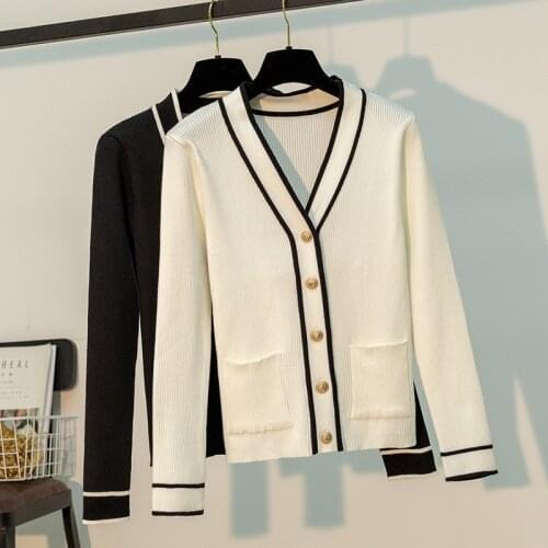 2021 Women Sweater Cardigan Spring Autumn V Neck Long Sleeve Jacket Coat Fashion Black White Knitted Cardigans Femme