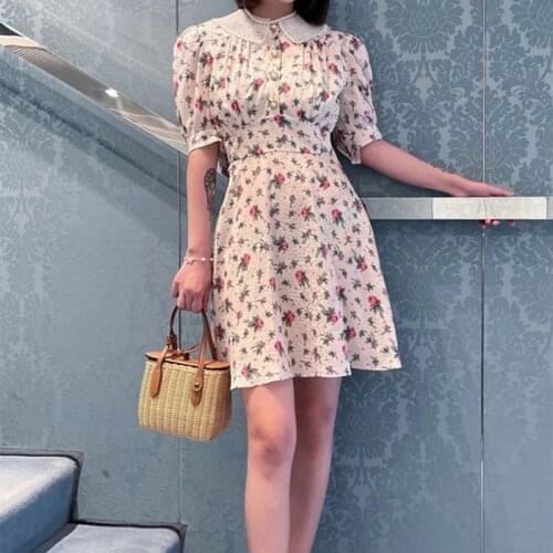2021 Summer Womens Retro Elegant Chiffon Dress Floral Lace Doll Collar Puff Sleeve Princess Short Sleeve Skirt Korean Fashion