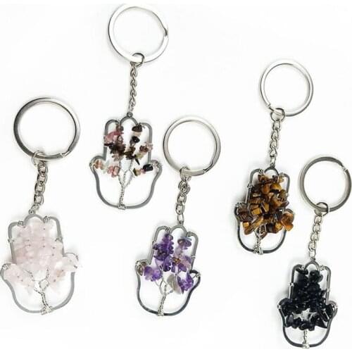 100% Handmade Tree of Life Design Wrapped Keychain Genuine Stone Irregular with Fortune Keyring