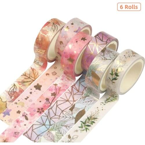 6 Roll Washi Tape Set Floral Gold Foil Washi Masking Tape 15mm Wide Plant Leaves Flower Decorative Adhesive Tape Sticker for DIY