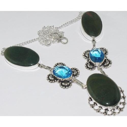 Blood Stone & Blue Topas Necklace Silver Overlay over Copper , 51.5cm, N1051