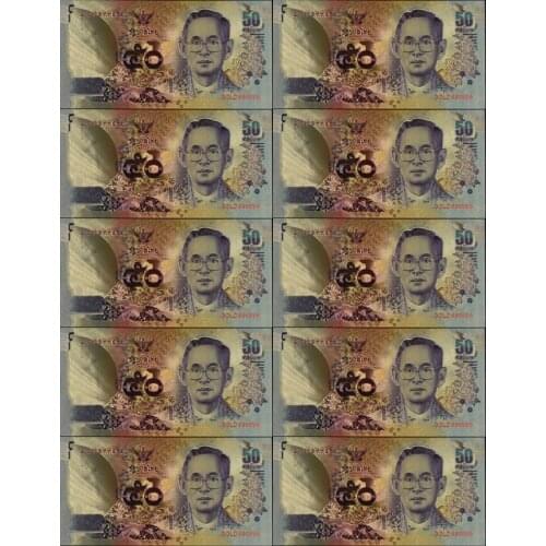 10pcs/lot 24K Colored Thailand 50 Baht Gold Foil Banknote Collection and Holiday Gifts