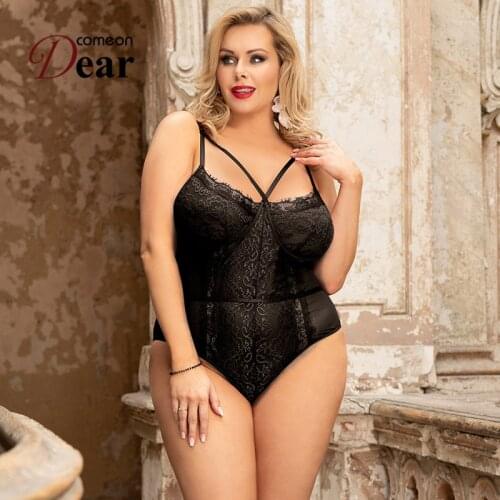Comeondear Sexy Jumpsuit For Woman Bodies Femme Plus Size Eyelash Lace Splice Bodysuit Ladies Romper Erotic Costume RA80875