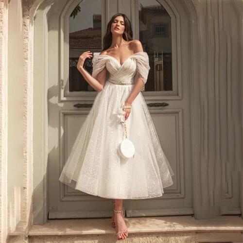 Short Wedding Dresses A-Line Off the Shoulder Tulle Tea Length Summer Beach Wedding Gown with Belt