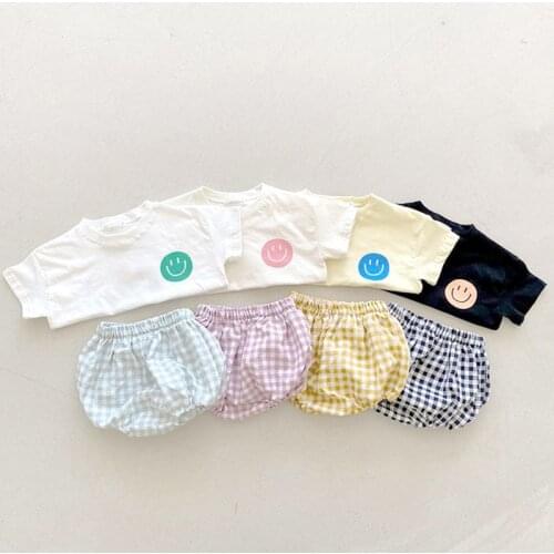 MILANCEL 2021 Summer Baby Suit Smile T-shirt and Plaid Bloomer 2Pcs Korean Infant Set Casual Toddler Clothes