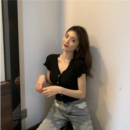 Fashion Summer Womens T-shirt 2021 New Solid Color Simple V-neck Thin Short Knitted Cardigan Short-sleeved T-shirt Womens Top