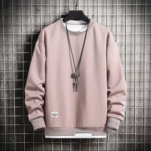 Mens Casual Sweatshirts Hoodie Men Fake Two Pieces Multi Color O-Neck Fashion Harajuku Style Male Sweatshirt 2021 New