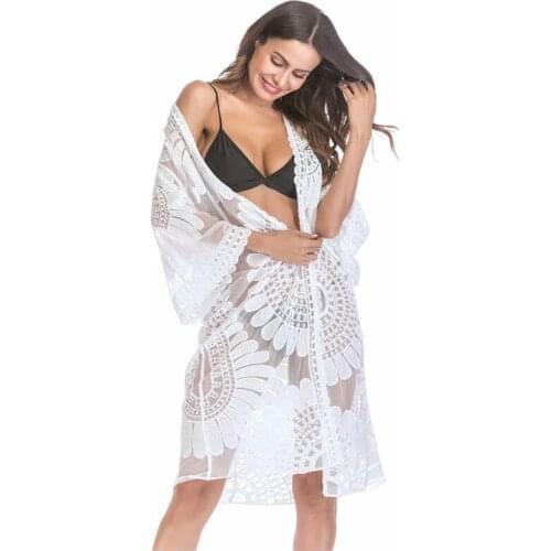 Cover Up Floral Embroidery Bikini Cover Up Swimwear Women Robe De Plage Beach Cardigan Bathing Suit Cover Ups