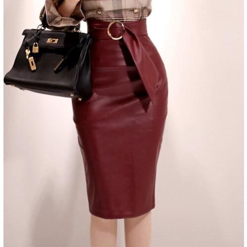New Arrival Womens Fashion Elegant Sexy Pencil Mid Skirt Autumn Winter A-Line Split Black Leather Sheath Wrap Skirts With Belt