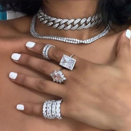 Princess cut wedding engagement ring for women clear pink big cz geometric full finger rings