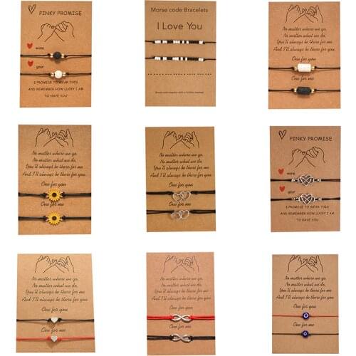 2pcs/set Stone Heart Infinity Charm Bracelets Handmade Black Red String Braided Couple Bracelet for Men Women Jewelry Wish Card