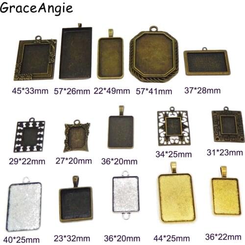 Mix 15PCS Reactangle Bezel tray pendant blank setting for photo picture pendant making Wholesale Jewelry Findings Necklace Gift