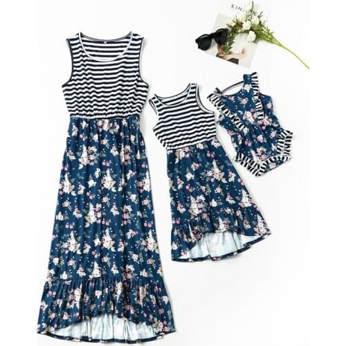 Family Matching Outfits 2021 Summer New Hot Sale Stripe Stitching Mother And Child Parent Dress Baby Girl Mom Kids Me Clothes