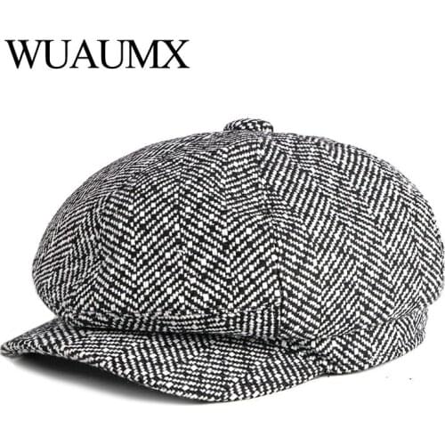 Wuaumx NEW Newsboy Caps Men Women Tweed Octagonal Hat Eight-blade Cap Detective Hats Autumn Winter Herringbone Flat Caps chapeau