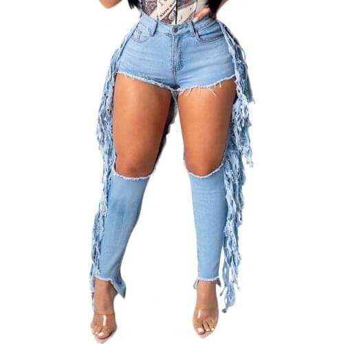 3XL Women Jeans Fashion Solid High Waist Denim Trousers With Tassel Fringed Hole Jeans Ladies Sexy Streetwear Club Wear Pants