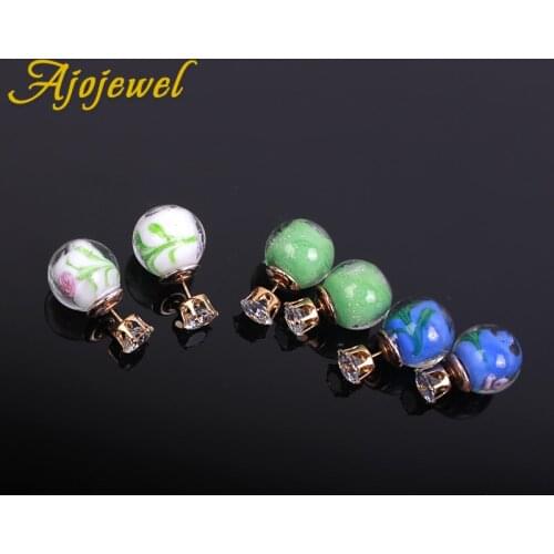 Ajojewel Green Blue White Ceramic Earrings For Women Zirconia Stud Earrings Double Sided