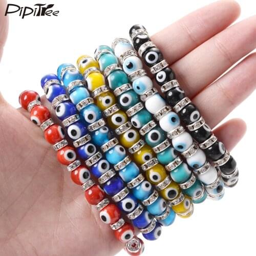 Pipitree Evil Eye Bracelet Women Acrylic Round Eye Beaded Bracelets With Crystal Spacer Bead Handmade Elastic Turkish Jewelry