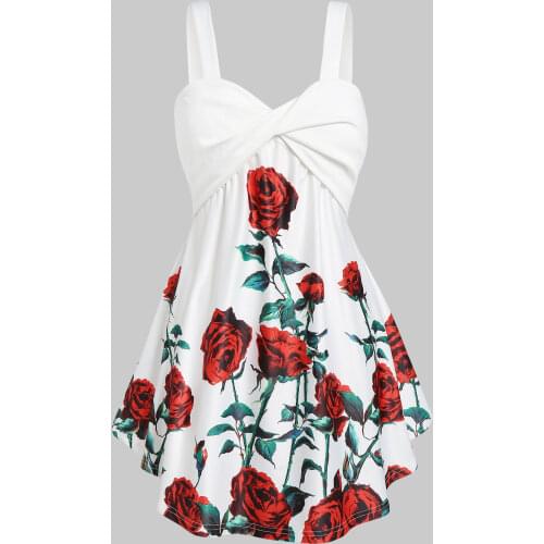 Rose Print V-Neck Cross Knot High Waist Plus Size Flare Tops Loose Beach Boho Sleeveless Vests Sweetheart Neck Sexy Summer Tops
