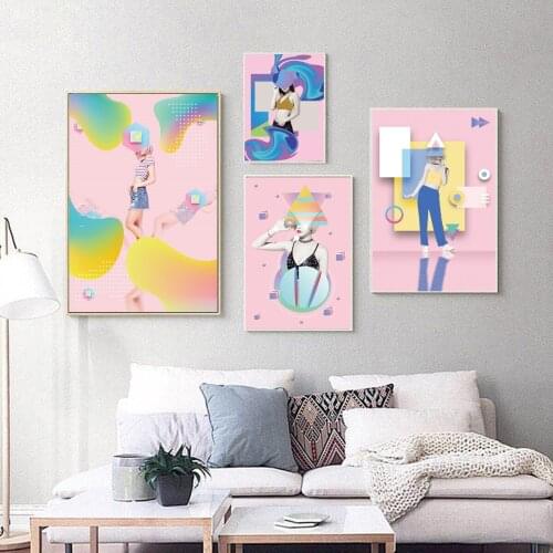 Color Geometric Cartoon Woman Poster Canvas Print Painting Wall Art Living Room Home Decoration