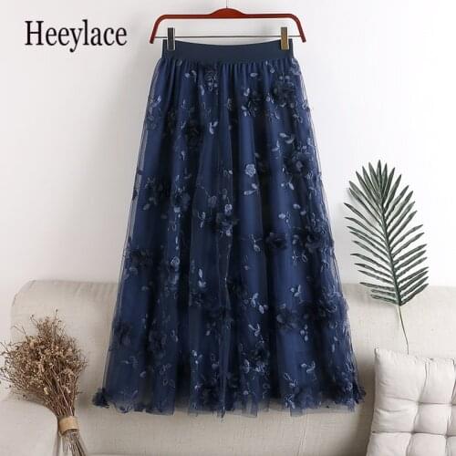 Cyanlee autumn floral embroidery A-line tutu lace mesh skirt foe women sweet tulle long pleated skirt female midi skirts saia