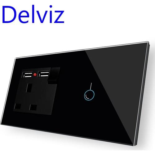 Delviz UK Standard usb Socket, 147mm Crystal glass panel, AC 110~250V with UK usb socket, 1Way Touch switches, Wall light Switch