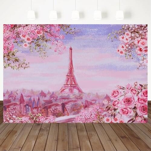Spring Peach Flowers Backrop Eiffel Tower Painting Pink Newborn Baby Kids Backgrounds for Photo Studio Child Birthday Backdrops