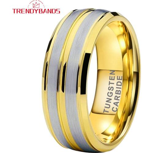 8MM Gold Tungsten Carbide Ring For Men Women Wedding Band Beveled Edges Brushed Finish Comfort Fit