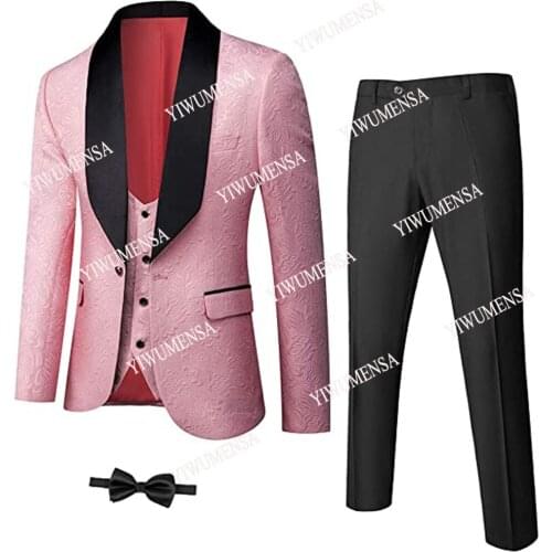 Costume Homme Tailor-Made Suits Black Peaked Lapel Pink Jacquard Jacket+Vest+Pant+Tie 4 Pieces Set Mens Wedding Blazer Tuxedos