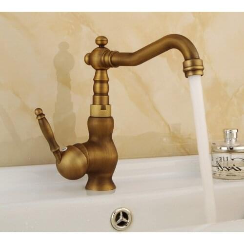 Retro Wiredrawing Brass Bathroom Kitchen Faucets Single Holder Single Hole Rotating Deck Mount Faucet Hot&Cold Water Mixer Tap