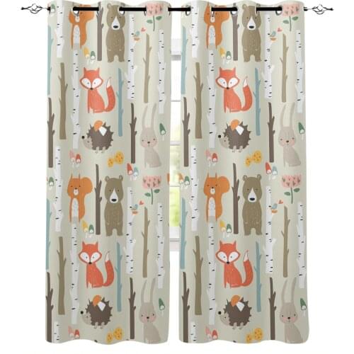 Cartoon Forest Animal Tree Fox Bear Rabbit Kawaii Curtains for Childrens Bedroom Living Room Kids Window Treatments Drapes