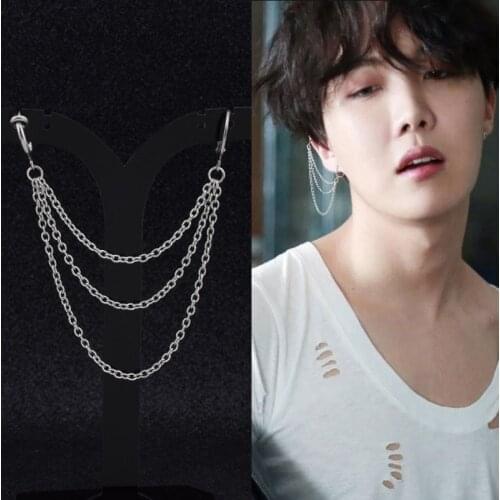 Korean Boys Punk Ear Clip Cuff Wrap Earrings Long Chain Pendant Men Stainless Steel Stud Earring Hipster Grunge Accessory Unisex