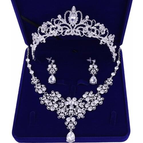 Silver Plated Flowers Crystal Bridal Jewelry Sets Crown Tiaras Statement Necklace Earrings Wedding Accessories Party Jewelry
