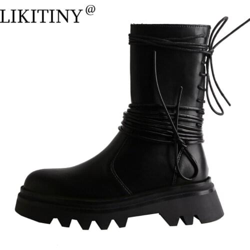 NEW LIKITINY 2021 Autumn Round toe Side zipper flat platform shoes Fashion Narrow Band Gladiator Half Boots Big size 40