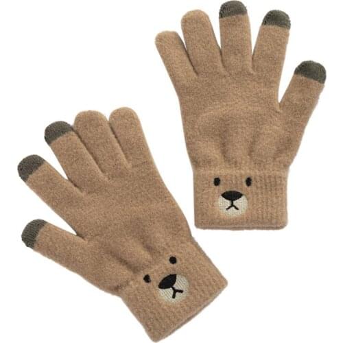 Autumn Winter Women Warm Jacquard Stretch Knit Touch Screen Glove Female Cartoon Bear Full Finger Thick Sport Cycling Mitten I87