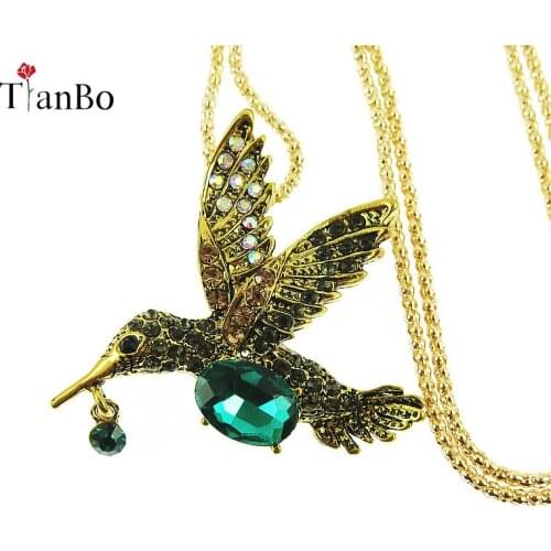 TianBo Enamel Rhinestone Hummingbird Necklace Pendant Sweater chain Choker Metal Animal Jewelry For Women Girls Teens Bulk