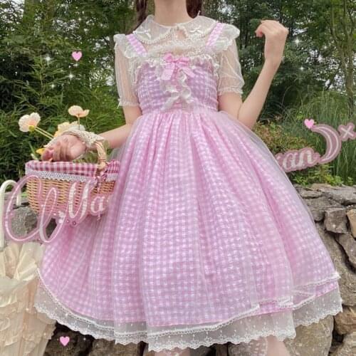 Japanese Lolita Dress Plaid Lace Edge Maid Soft Girl Jsk Suspender Vintage Sweet Gothic Loli Pink Baby Doll Dress For Woman y2k
