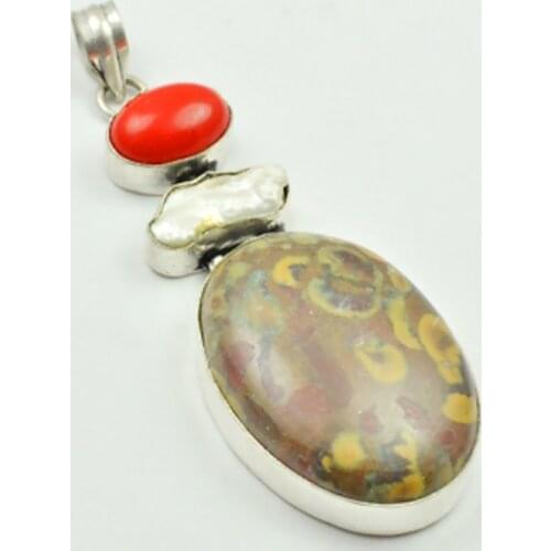 Jaspers & Coral Pendant Silver Overlay over Copper, 70mm , P3575