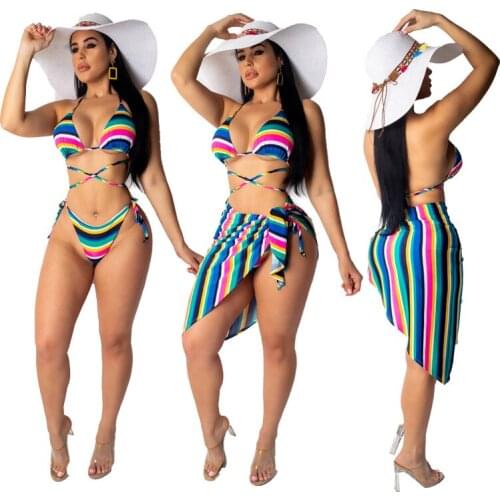 Sexy Bikinis Women Swimsuit Stripe Printed Three Piece Set Spaghetti Strap Sleeveless Crop Top+Short Pants And Cover Up