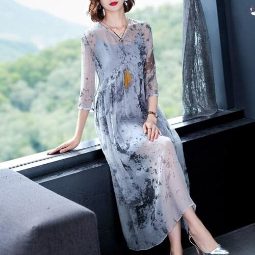 High Quality 100% Genuine Silk Dresses for Women Summer 2021 Female Long Dress Elegant Dress Ladies Vetement Femme Zjt2548