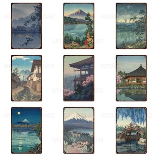 Retro Japanese Landscape Iron Sign Home Decoration Metal Plate Plant Leaves Tin Plaque Fuji Mountain Wall Picture Metal Poster
