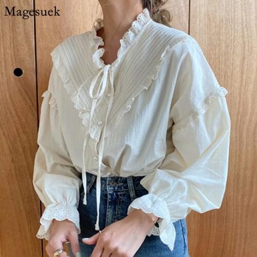 New Vintage Casual Blouses Shirt Cotton White Button Loose Shirts Tops Women Lantern Sleeve Office Lady Blouse Femme Blusas 9580