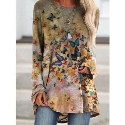 2020 Autumn Female Butterfly Print O Neck Women Casual T-shirt Solid Color Long Sleeve Loose Tops
