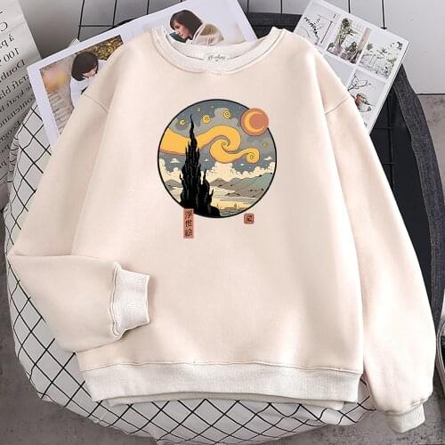 Starry Ukiyo-E Night Printing Womens Hooded Fashion Fleece Hoodies Autumn Crewneck Hoodie Loose Fleece Oversize Sportswear Male