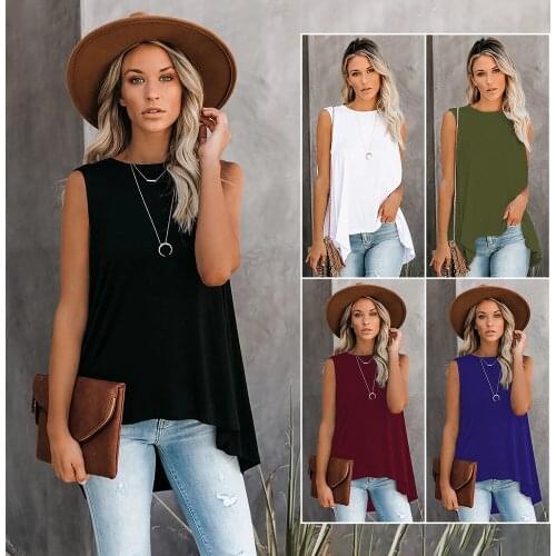 2020 Summer Women T-Shirts Asymmetry Solid Office Lady Sleeveless O-Neck Ladies T-Shirt Casual Girls Top T-shirts Women Clothing