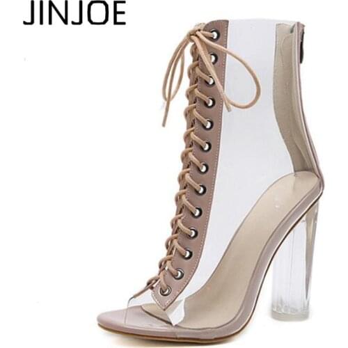 2018 Women Gladiator Sandals PU Clear High Heel Transparent Boots Lace Up High Top Bootie Pumps Perspex Lucite Summer Shoes