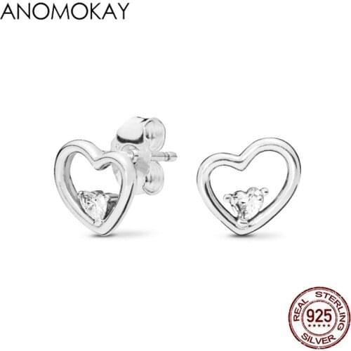 Anomokay Sterling 925 Silver Double Heart Stud Earrings for Women Girl Brincos White CZ Earrings Fine Jewelry Bijoux