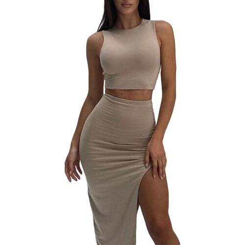 Women Sexy Two-piece Clothes Set, Solid Color Round Collar Vest and High Waist Split Long Slit Skirt