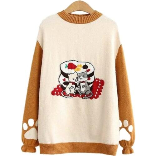 Women Sweater Harakuju O-Neck Carton Embroidery Long Sleeve Knitted Pullover 2020 Winter Kawaii Cute Female Tops Jersey Mujer