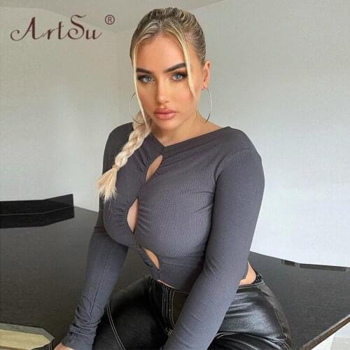 ArtSu Lady Streetwear Sexy Hollow Out Knitted Crop Tops Long Sleeve Skinny Women Autumn Gray T-Shirts Tees Top 2021