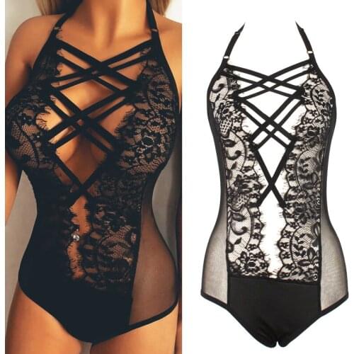 Women Sexy Babydoll Lace Underwear Nightwear Jumpsuit Romper Playsuit Lingerie Bodysuit One Piece See through Nightwear Set